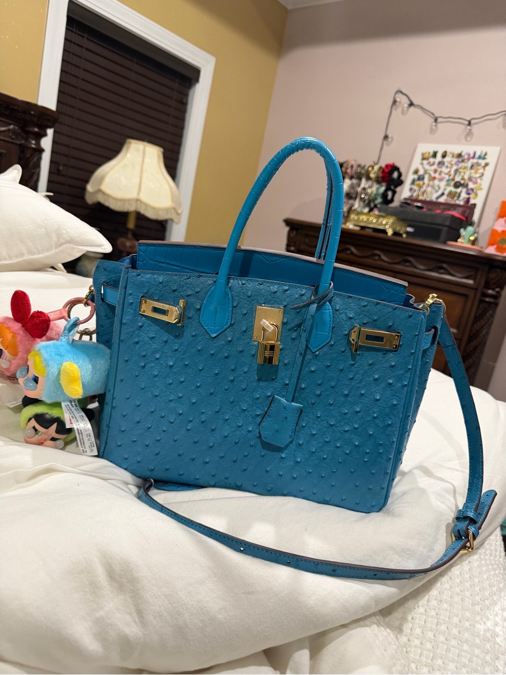 Blue Ostrich-Texture Satchel with Gold Hardware